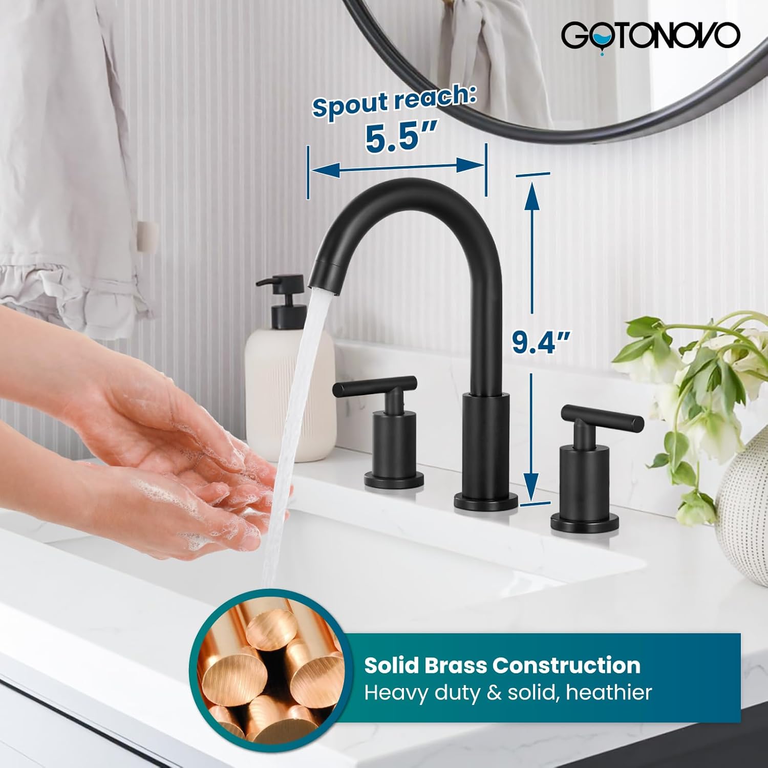 gotonovo 3 Hole 2 Handles Lavatory Basin Bathroom Sink Faucet with Pop Up Drain with Hot and Cold Mixer Valves 8 Inch Widespread Bathroom Faucet Matte Black