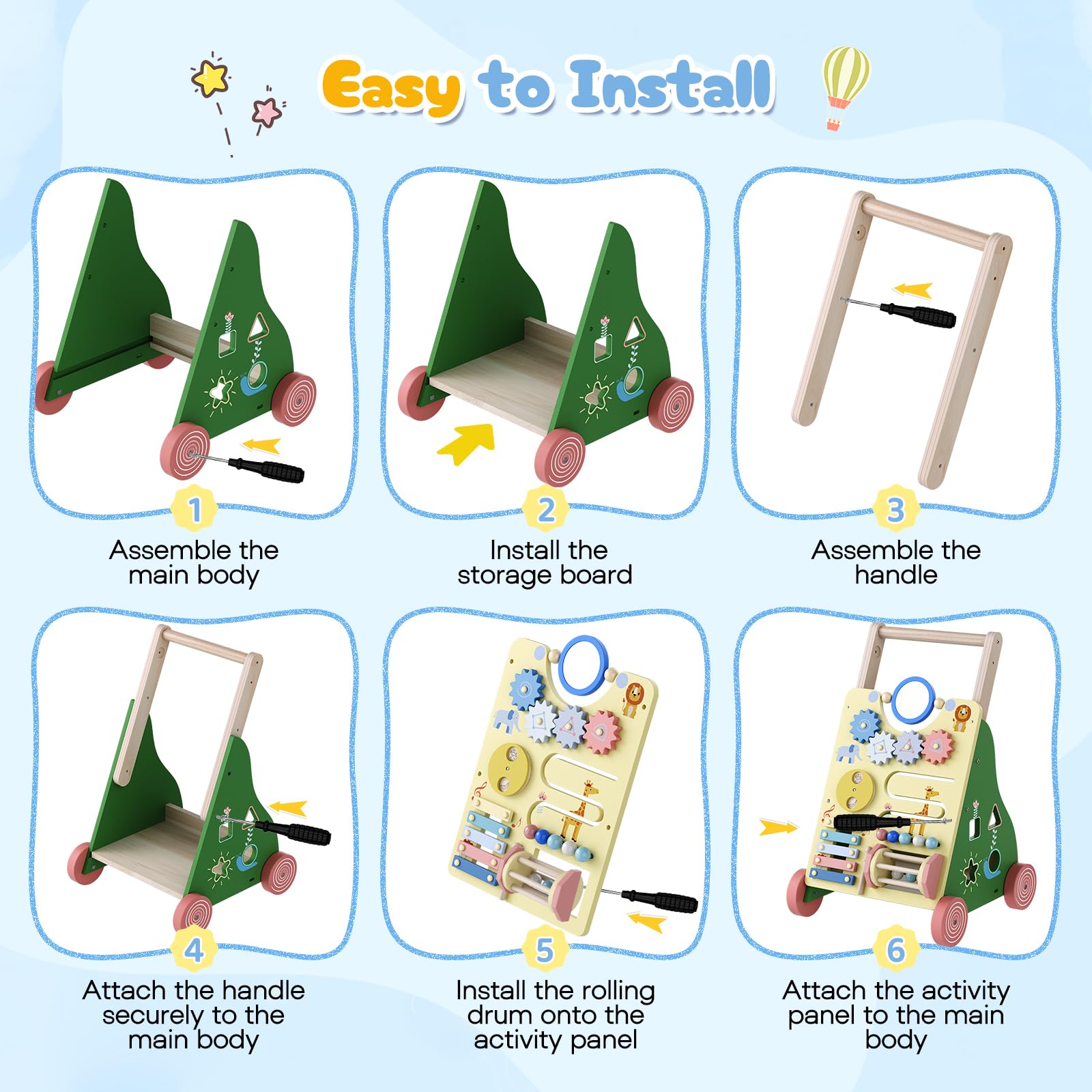 Holz-Lauflernhilfe mit 10-in-1 Motorikspielcenter, höhenverstellbarer Schiebegriff, Formsortierer, Xylophon, Rolltrommel und Staufach – Lauflernwagen aus holz für Jungen und Mädchen - 5
