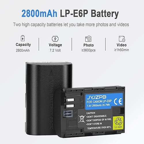 Miniatura 2 de JYJZPB Batería LP-E6P, 2800mAh LP-E6 LP-E6N LP-E6NH LP-E6P Batería para Canon EOS R R5 R6 R7 R8, R5R6 Mark II, EOS 70D 80D 90D, 5D 6D 7D Mark