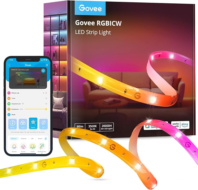 Govee RGBICW 20m LED Lights for Bedroom, with Warm White Smart WiFi Work with Alexa and Google Assistant, DIY Multicolour on One Line, Colour Changing LED Lights Music Sync, 2 Rolls of 10m Strip Light