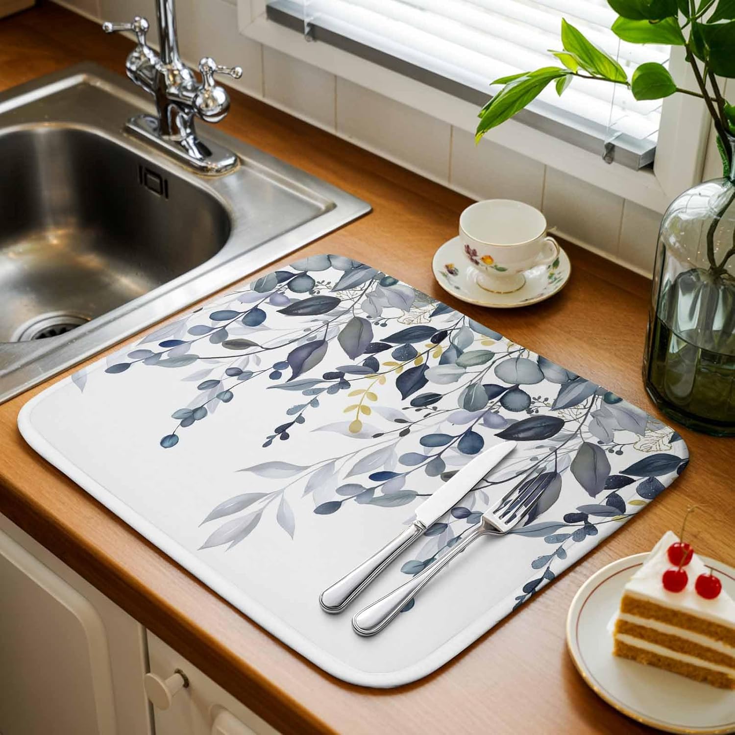 Gradient Blue Eucalyptus Leaf Dish Drying Mats for Kitchen Counter,Absorbent Microfiber Dish Drainer Rack Mat Watercolor Herb Foliage Drying Pad for Sinks,Utensils,Countertops,18x24in