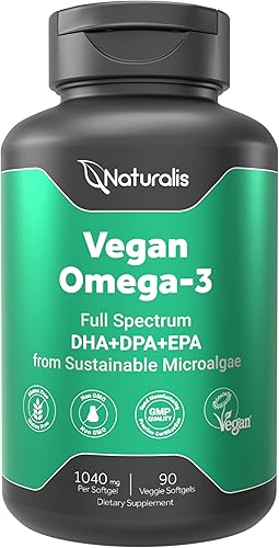 Naturalis Omega 3 vegano de doble fuerza DHA, EPA y DPA de microalgas  Certificado Vegan Society de origen sostenible, verdadero espectro completo