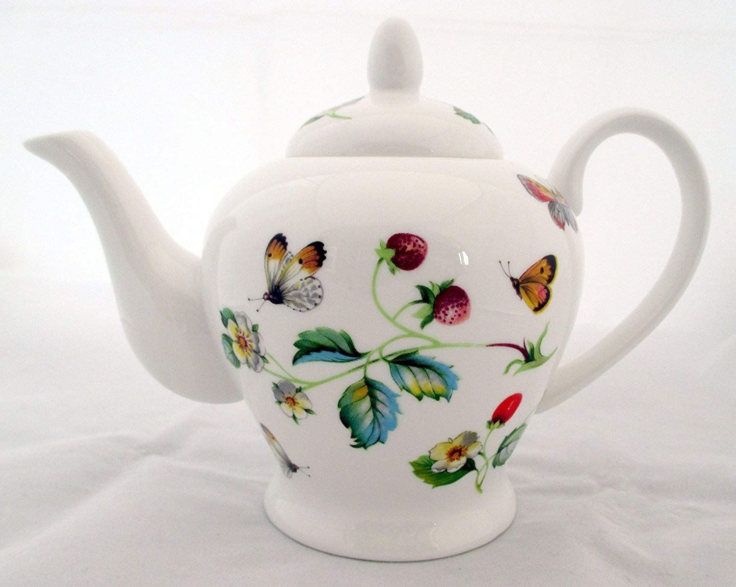 Fromeuropewithlove White Strawberries & Butterflies Teapot Fine Bone China 20Oz Teapot Hand Decorated In Uk