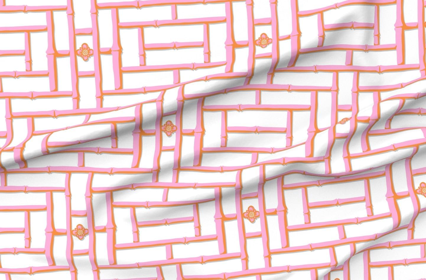 Spoonflower Fabric - Pink Chinoiserie and Orange Preppy Retro Traditional Palm Springs Printed on Denim Fabric Fat Quarter - Bottomweight Apparel Home Decor Upholstery