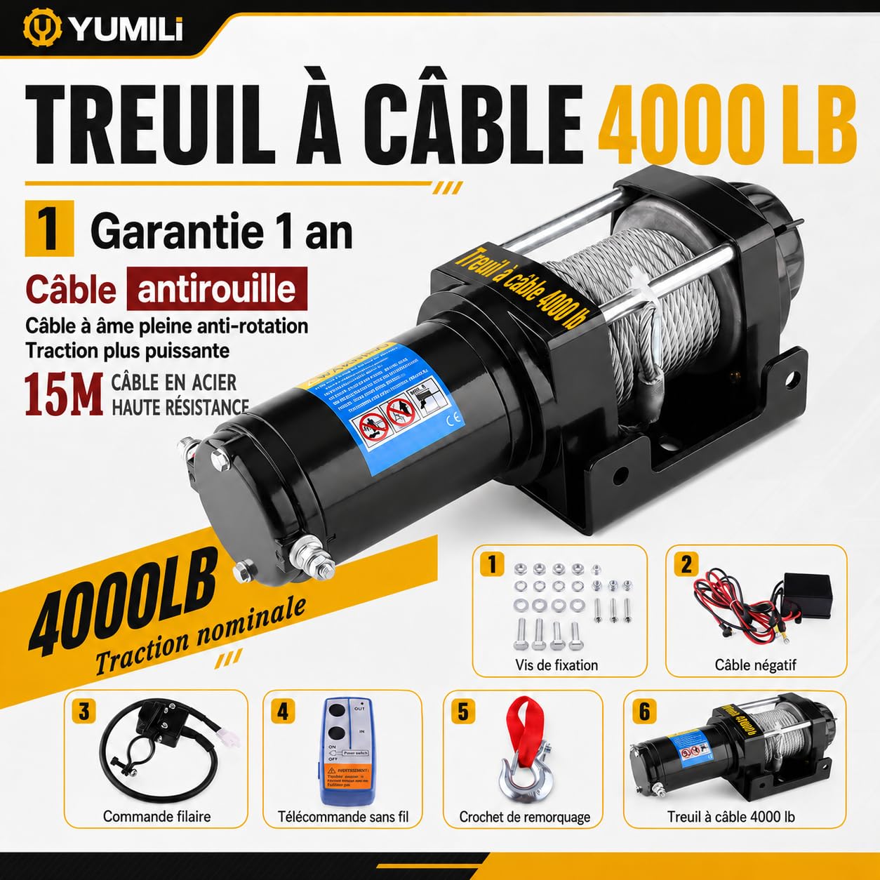 Treuil Électrique 12 V, 4000 lb/1814 kg Kit de Treuil de Récupération Électrique IP67, Câble en Acier 4.8 mm*15 m avec Télécommande sans Fil, pour UTV/ATV, Remorques de Bateaux, Dépannage Tout-Terrain