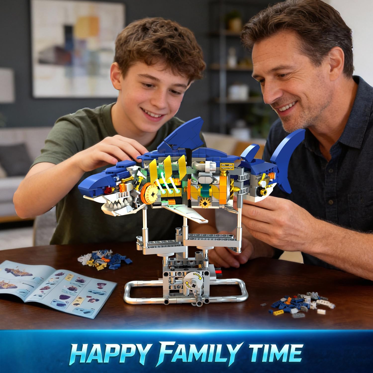 Mechanical Shark Building Set with LED Light, 687 PCS Movable Ocean Animal with Display Stand, Sea Fish Building Block Toy, Home Decor Gift for Adults Teens Kids Boys Ages 12+