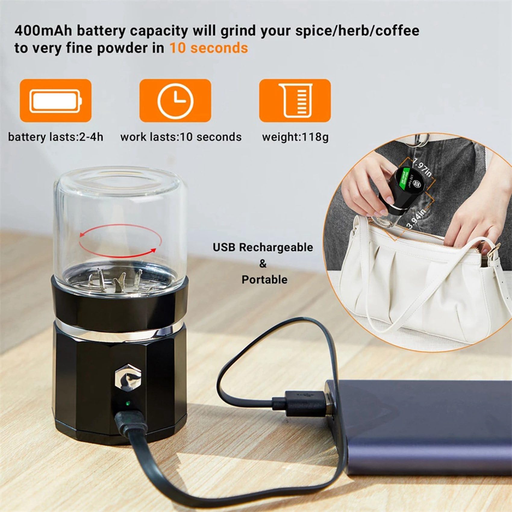 2X Smerigliatrice Elettrica Macina Vaniglia Portatile Macina USB Ricaricabile con Una per La Pulizia per Tisane al