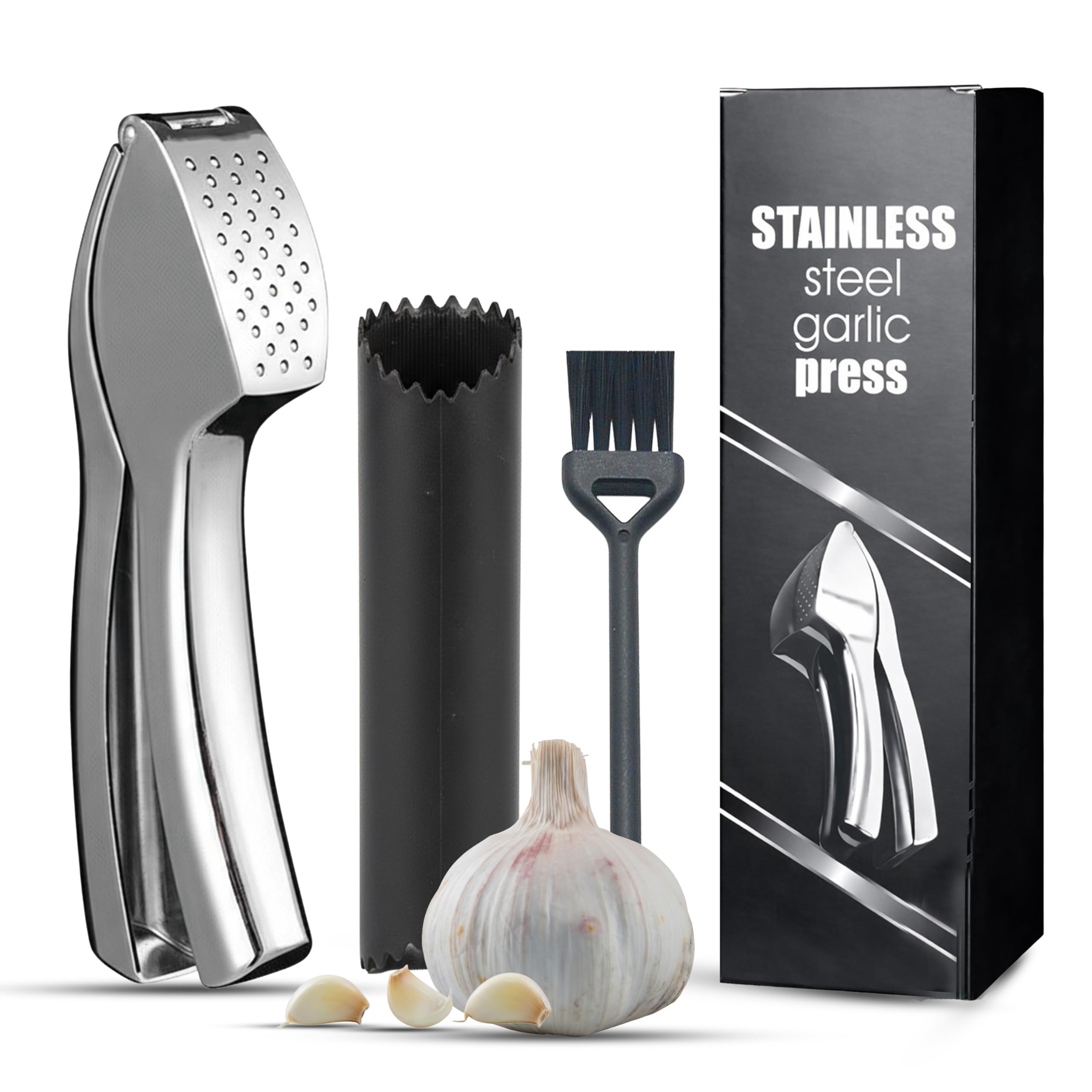 Garlic Press Premium Mincer Crusher Heavy Duty Peeler Super Easy to Use Garlic Crusher with Cleaning Brush Stainless Steel Garlic Crusher Press (Medium)