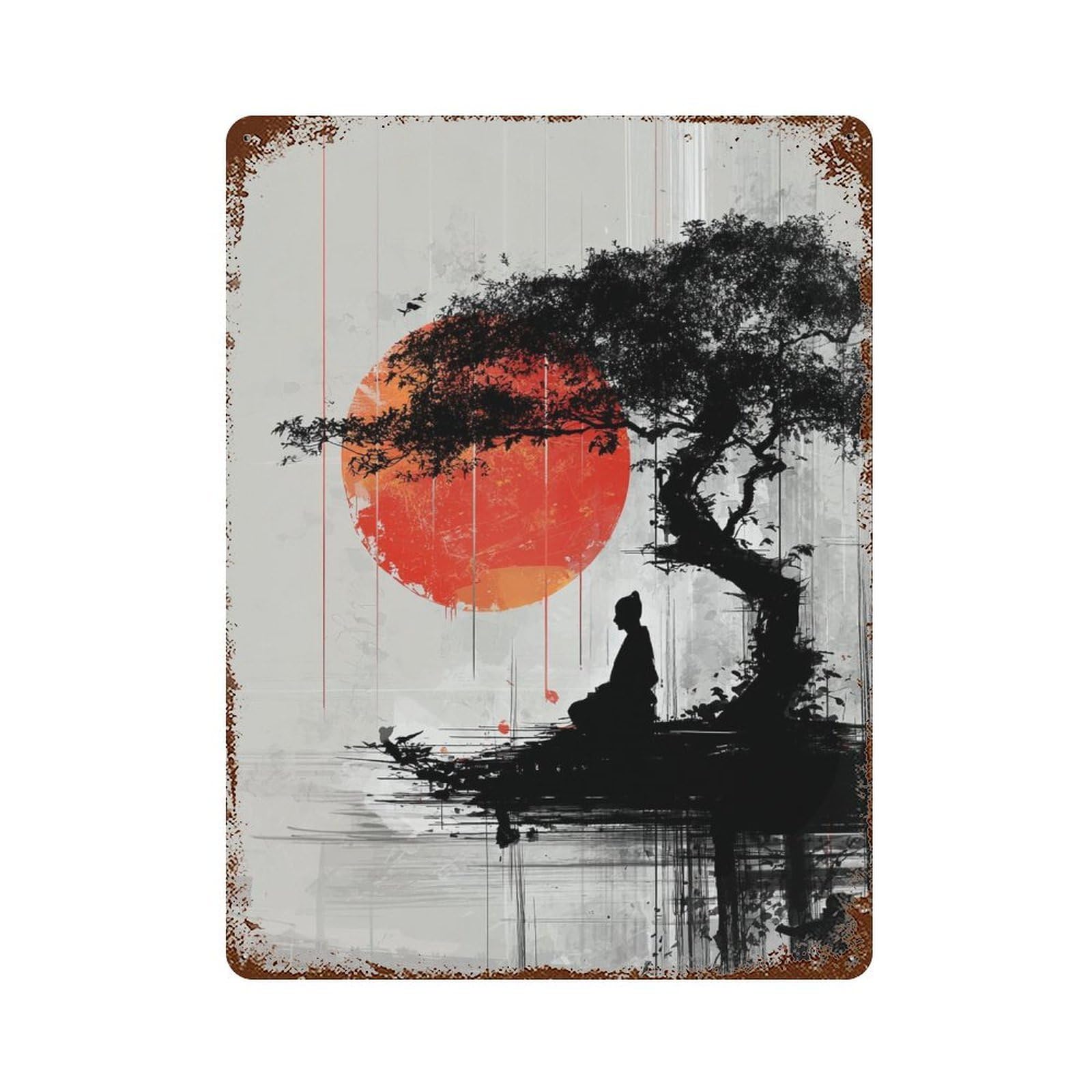 Serene Zen Sunset Scene 15.7"x11.8" Retro Metal Sign, Shabby Chic Decor for Garage, Bar And Workshop Decor