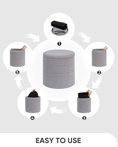 Miniatura 6 de B FSOBEIIALEO Otomana con Stroage, taburete otomano redondo de almacenamiento de sherpa, reposapiés Boucle de 16.9 x 16.9 x 17.7 pulgadas (gris)