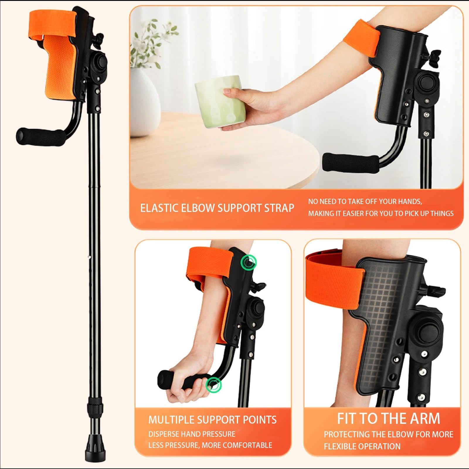 Bastón de antebrazo, muletas plegables con soporte de codo giratorio de 90°, altura ajustable de 10 niveles, muletas portátiles para antebrazo, capacidad de carga de 100 kg, muletas para adultos con