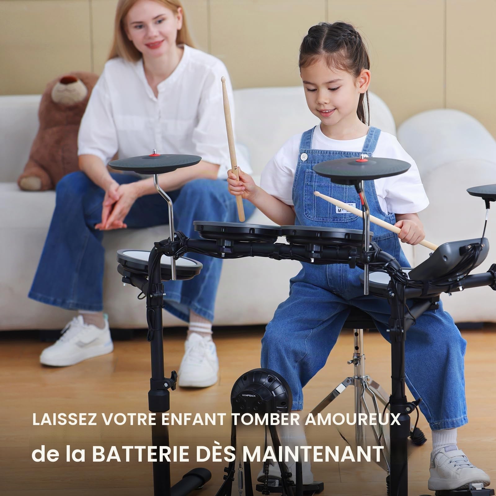 HAMPBACK MK-0 PRO Batterie électrique avec 4 coussinets de batterie en maille, 3 collisions en caoutchouc, grosse caisse, 12 kits et 68 sons authentiques, USB MIDI, trône, bâtons, casque, 2 pédales