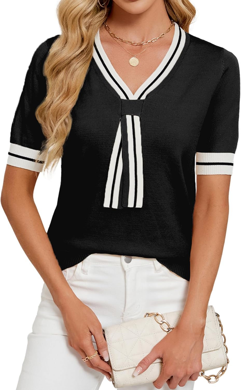 Libsorge Womens Lightweight Cute Bow Tie Sweater Spring Summer 2025 Trendy Dressy Business Casual Outfits Sexy V Neck Thin Short Sleeve Color Block Striped T Shirt Tops Black M