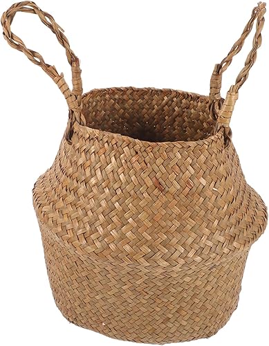 Amosfun Cesta de flores tejidas de hierba marina, cesta de almacenamiento de yute, cesta plegable para plantas, cesta de lavandería tejida para