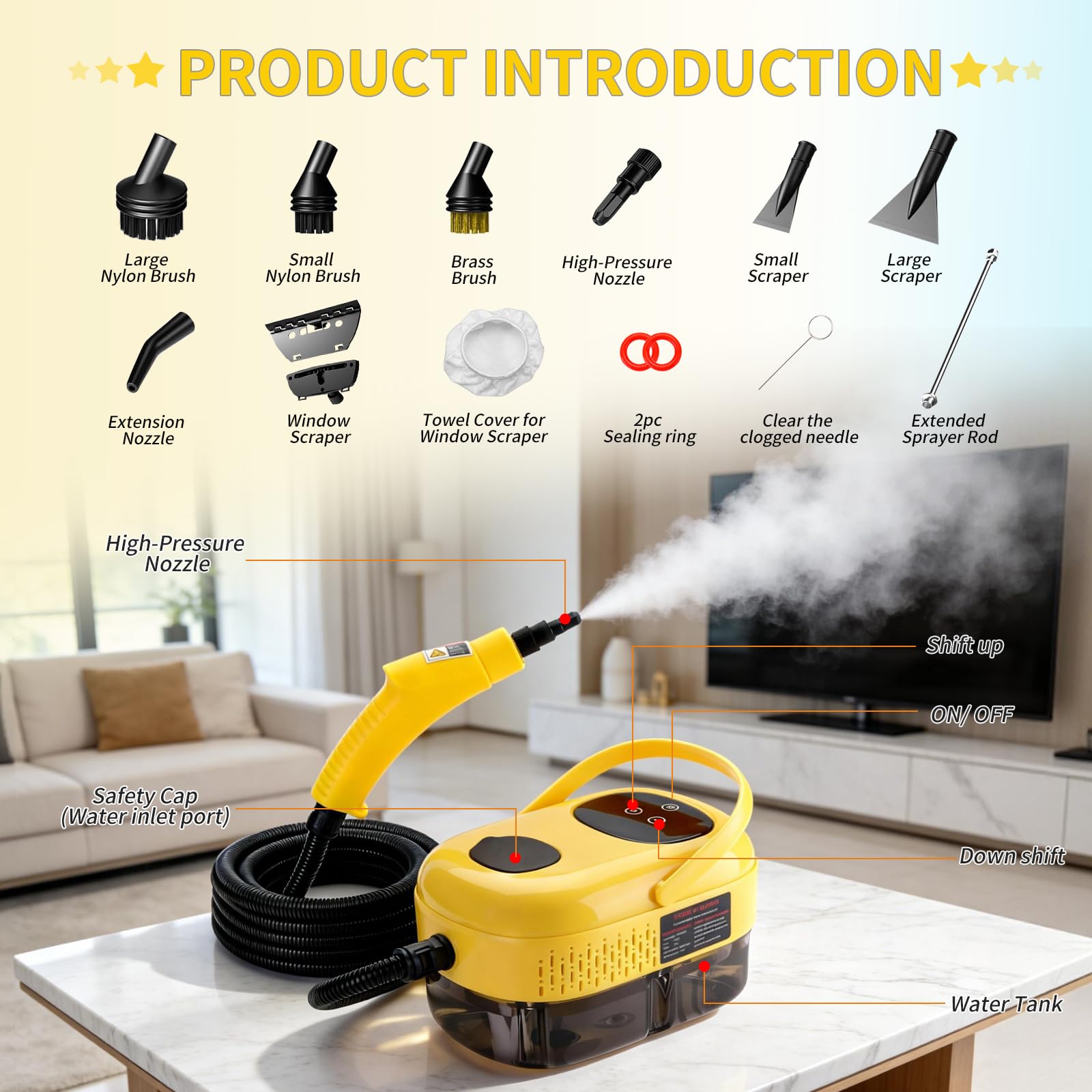 Pulitore a vapore, 15 secondi di calore veloce, vaporiera portatile multiuso per divano, piastrelle, malta con 7 accessori, ad alta temperatura e pressione, pulizia senza sostanze chimiche per casa