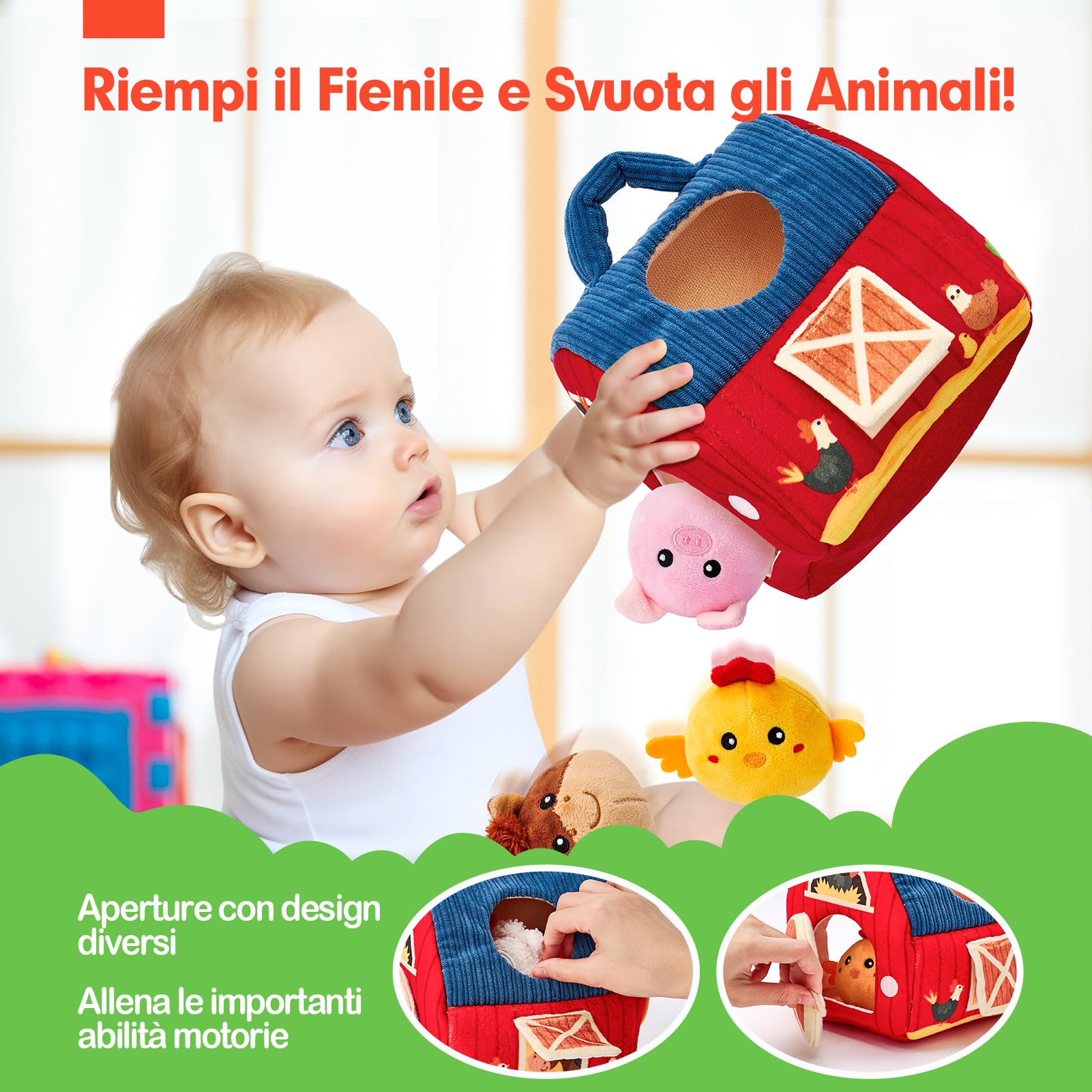 hahaland Giochi Bambino 1 Anno Montessori - Casa Morbida Montessori 6-12 Mesi Animali da Fattoria con Fienile/Sonaglio/Specchio, Gioco Bambino Sensoriale Regalo Bimbo Bimba 1 Anno