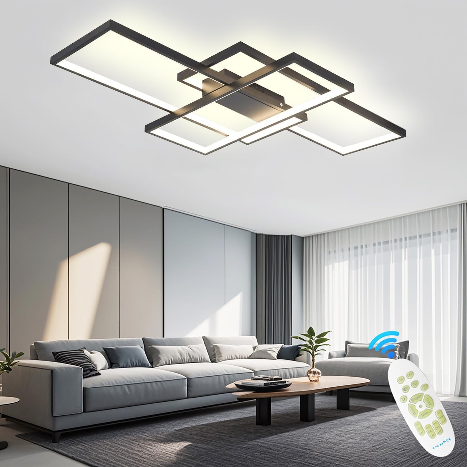 Deckenlampe Wohnzimmer,Led Deckenleuchte Einbau Led Rechteckig mit Fernbedienung Dimmbar deckenlampe schlafzimmer 3000K-6000K für Esszimmer Wohnzimmer. (80 * 45CM/65W,schwarz)