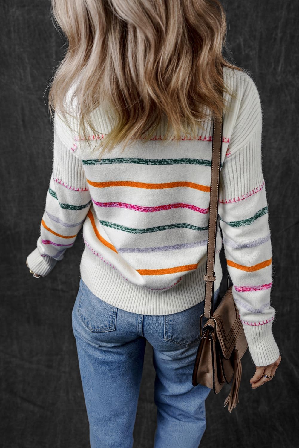 Chic Long Sleeve Round Neck Sweater: White Colorful Stripes