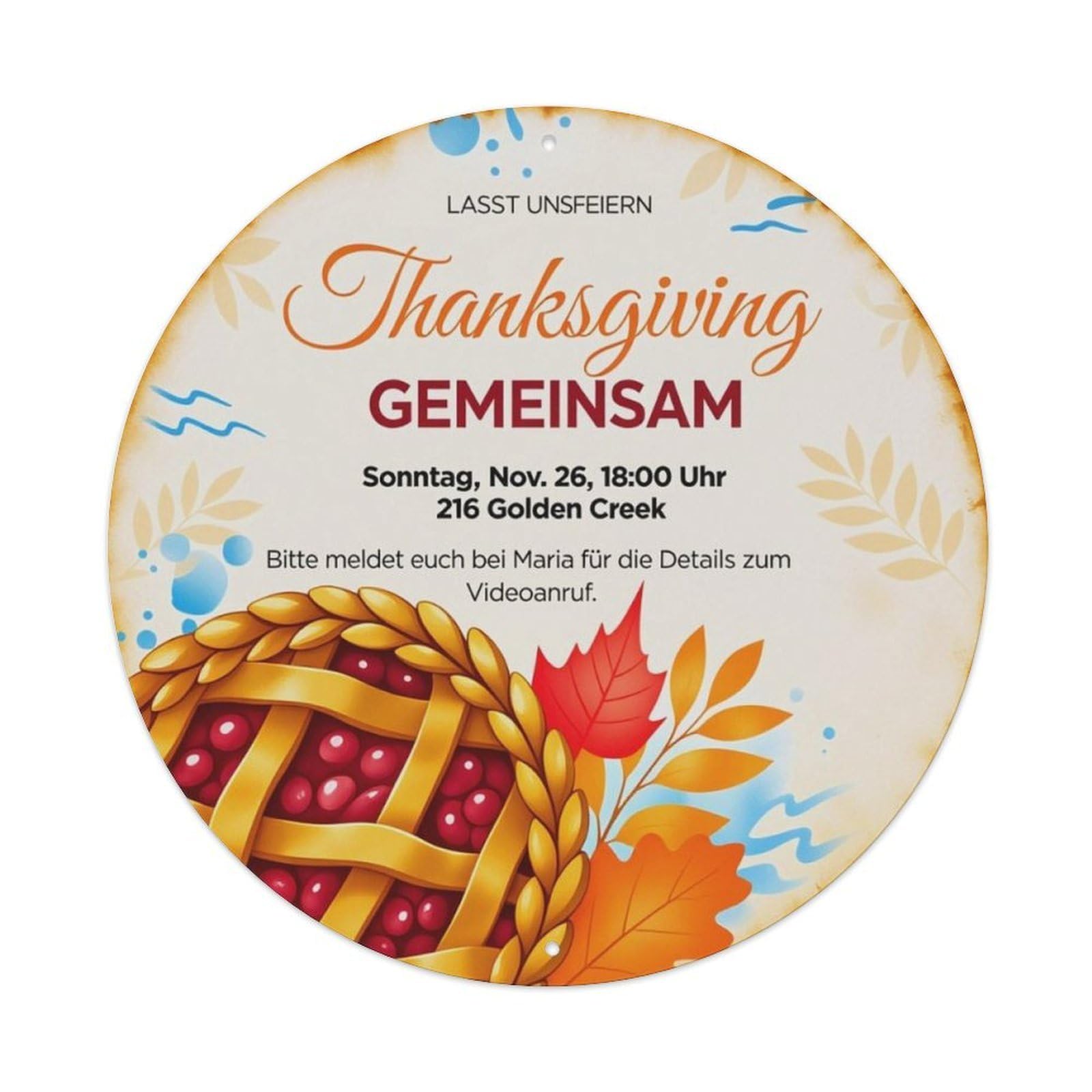 Autumn Pumpkin Pie Thanksgiving German Party Round Decor Sign Vintage Aluminium Metal Sign, Retro Wall Decor for Home, Bar, Garage & Farmhouse 20x20cm