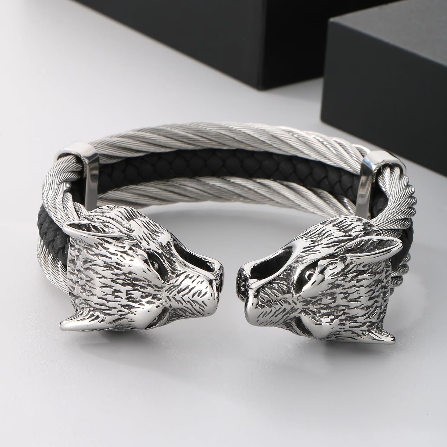 Men's Viking Wolf Head Bracelet 316 Stainless Steel Leather Open Cuff Tribal Retro Wolf Twisted Cable Cuff Bangle Vintage Gothic - Image 2
