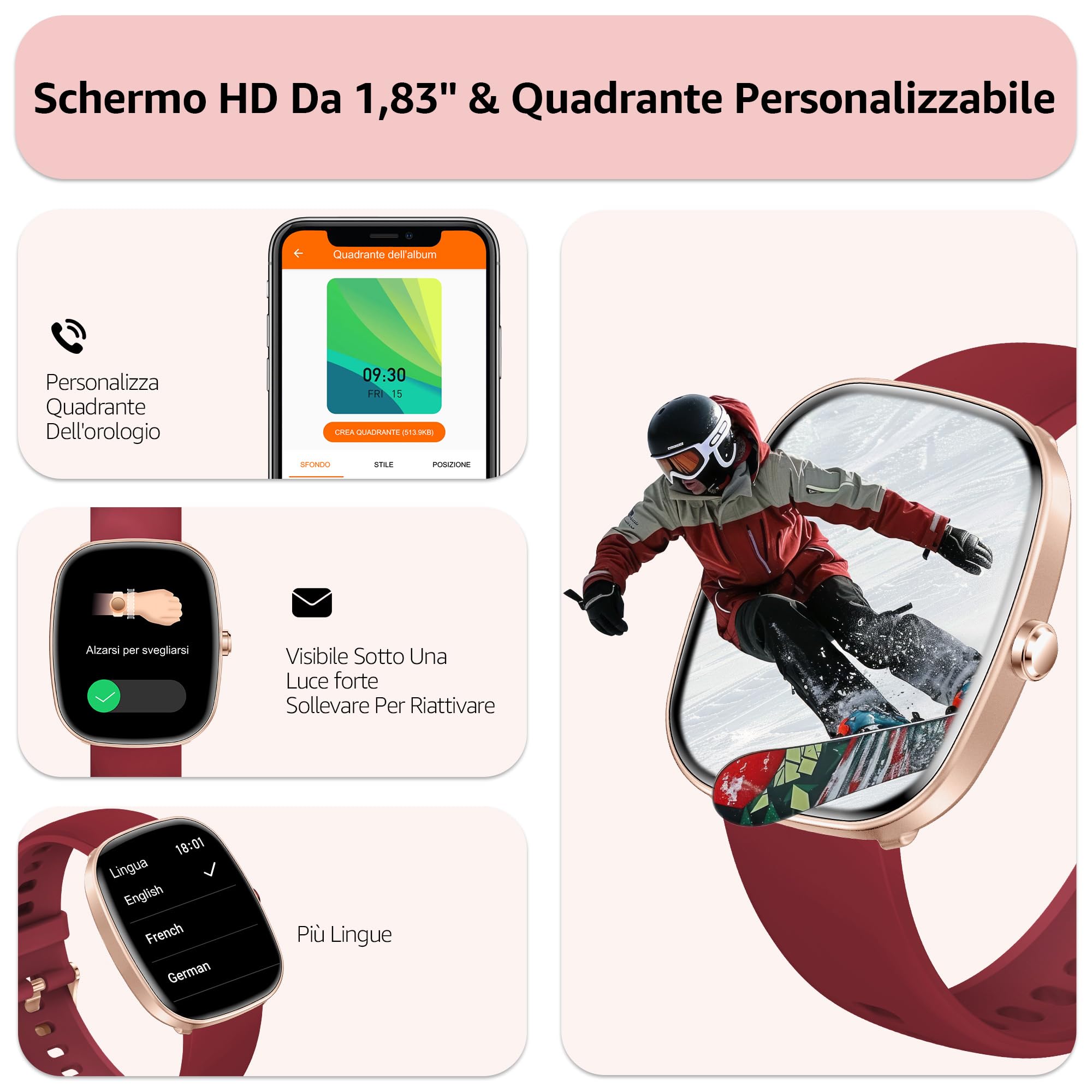 Smartwatch Uomo Donna (Rispondi/Effettua Chiamate), 1.83" Orologio Smartwatch con Contapassi/Sonno/SpO2/Cardiofrequenzimetro, 100+ Modalità Sportive, IP68 Impermeabile Fitness Tracker per iOS Android