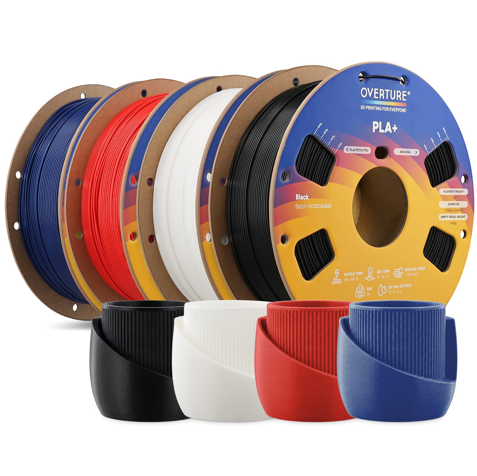 OVERTURE Zestaw 4 kg, ulepszony filament do drukarki 3D PLA+ 2.0, szybki filament PLA+ 1,75 mm, 1 kg na szpulę, do 300 mm/s, mocniejsze wiązanie i doskonała odporność na uderzenia (czarny + biały +