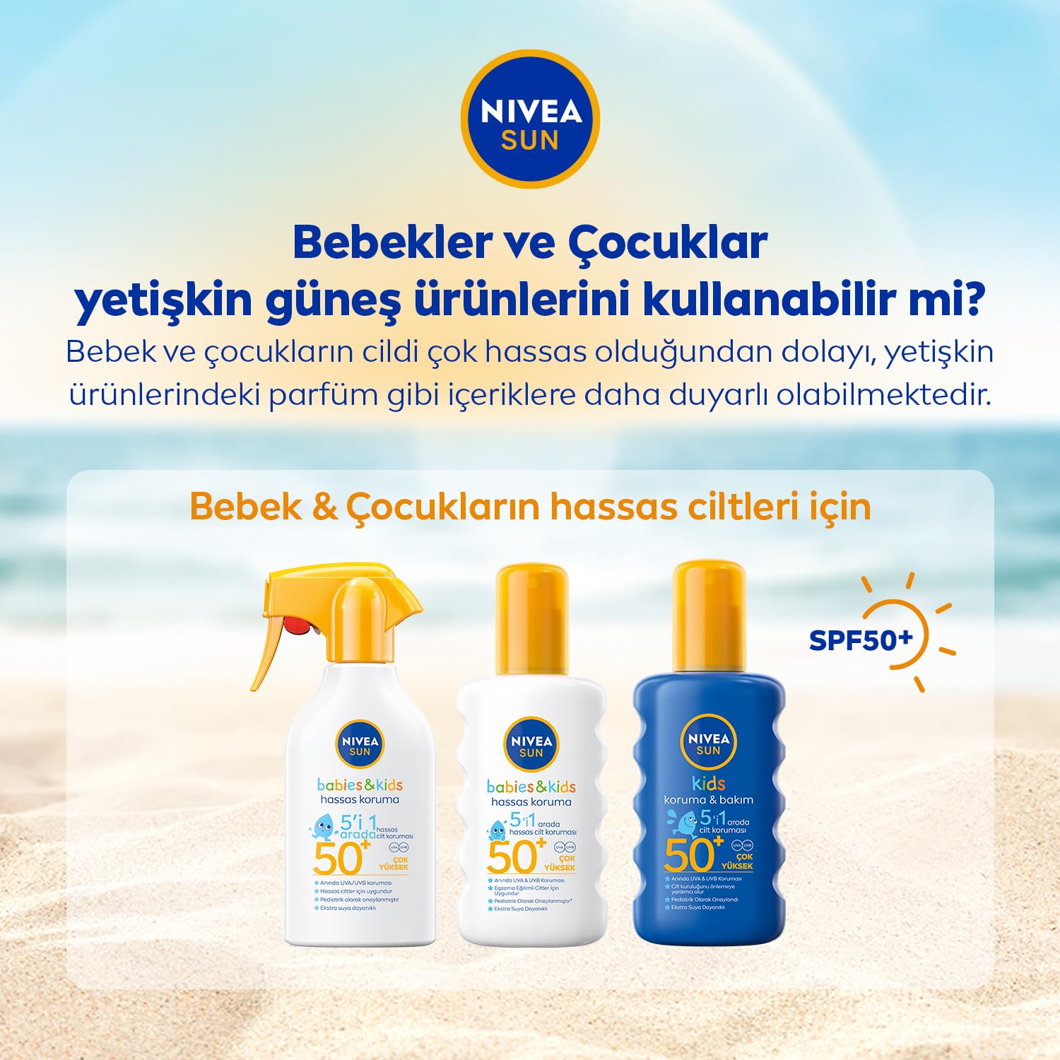 NIVEA SUN SPF50+Yüksek Güneş Koruyucu 200 ml,Suya Dayanıklı,Nemlendirici,C Vitamini,Hyalüron