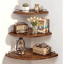 Homode Corner Shelf Wall Mounted Set of 3, Corner Floating Shelves 9/10/12 Inch Deep, Wood Round Corner Hanging Display Shelf with Guardrail for Bathroom Bedroom Kitchen Living Room, Rustic Brown