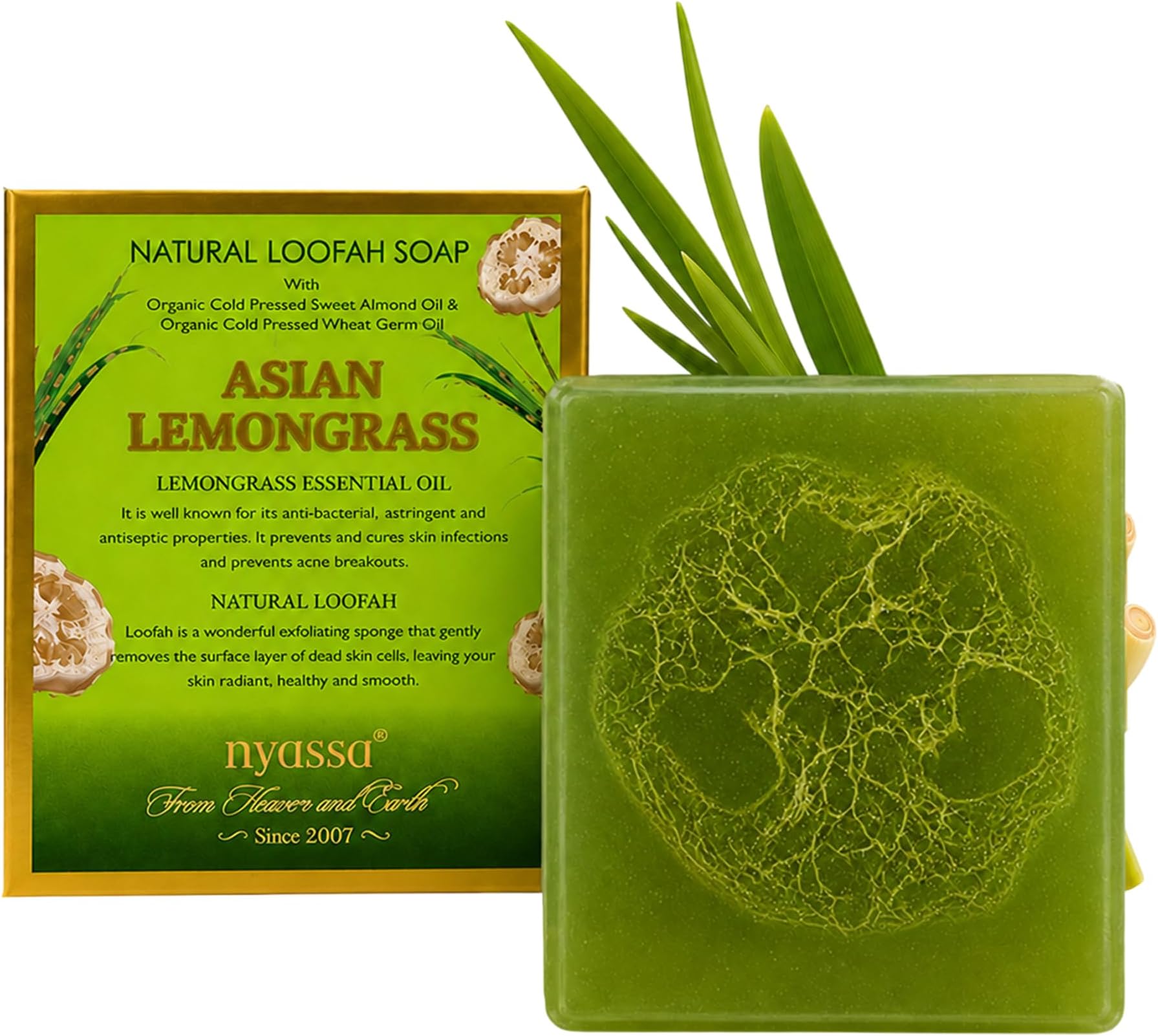 Nyassa Asian Lemongrass Handmade Loofah Soap 150 gm with Fresh Zesty fragrance. Contains natural loofah for exfoliation. No Paraben, Cruelty Free