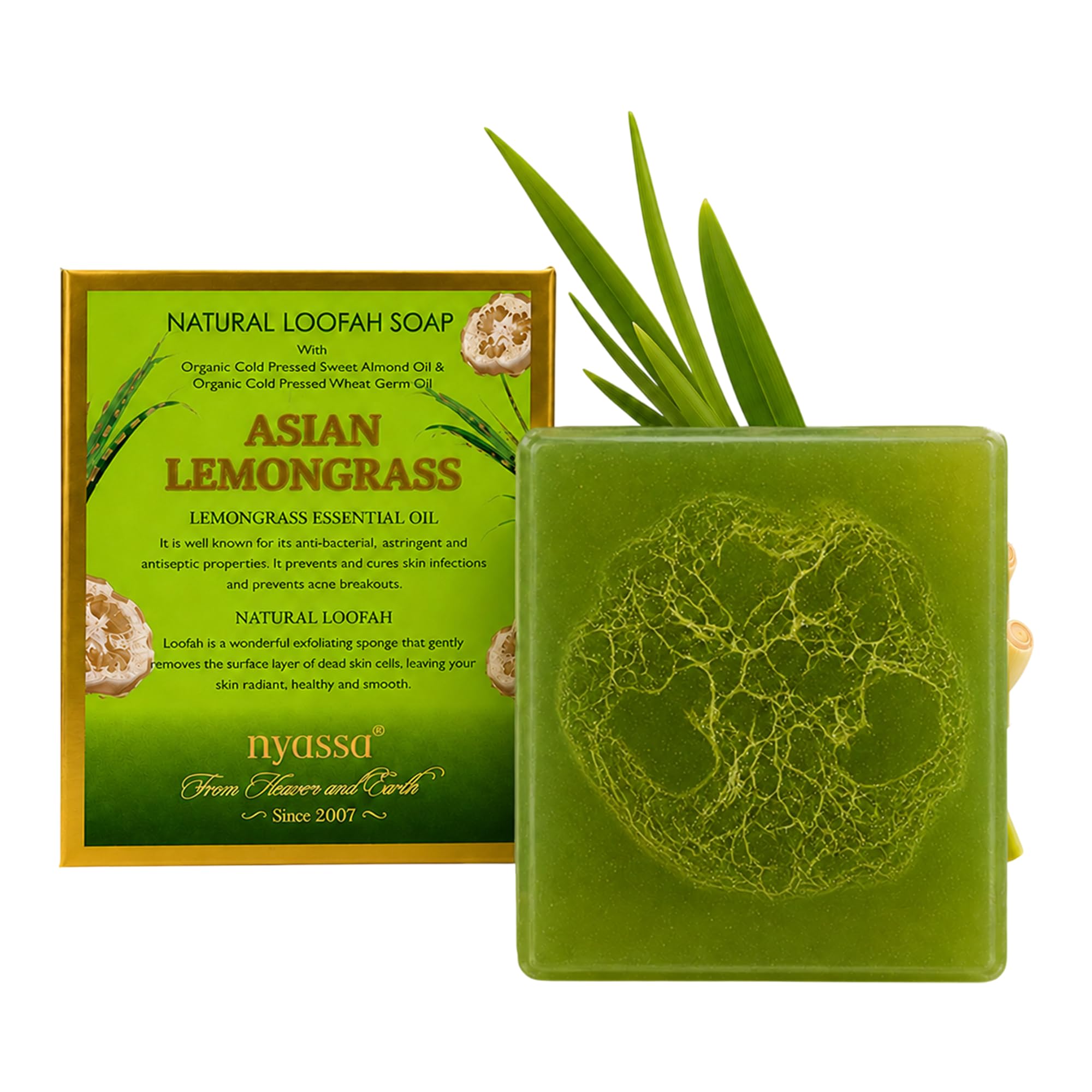 Nyassa Asian Lemongrass Handmade Loofah Soap 150 gm with Fresh Zesty fragrance. Contains natural loofah for exfoliation. No Paraben, Cruelty Free-image-37