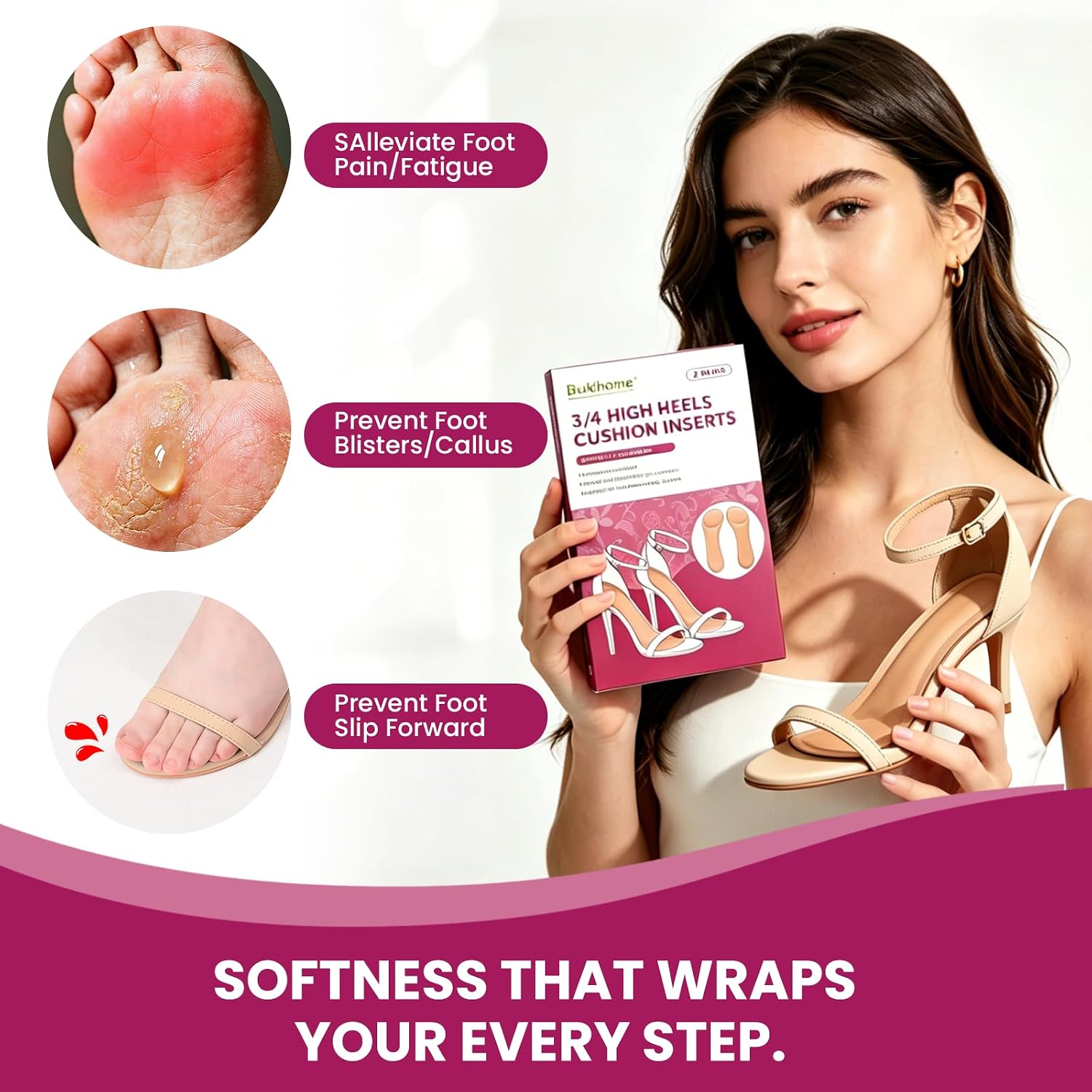 Lightweight Soft Foam Insoles for Heels Women - Bukihome 3/4 Invisible Heels Pads for Foot Pain Fatigue Relief Prevent Slip Forward, Heels Cushion Inserts Shock Absorption for Sandals (M, 2 Pairs)
