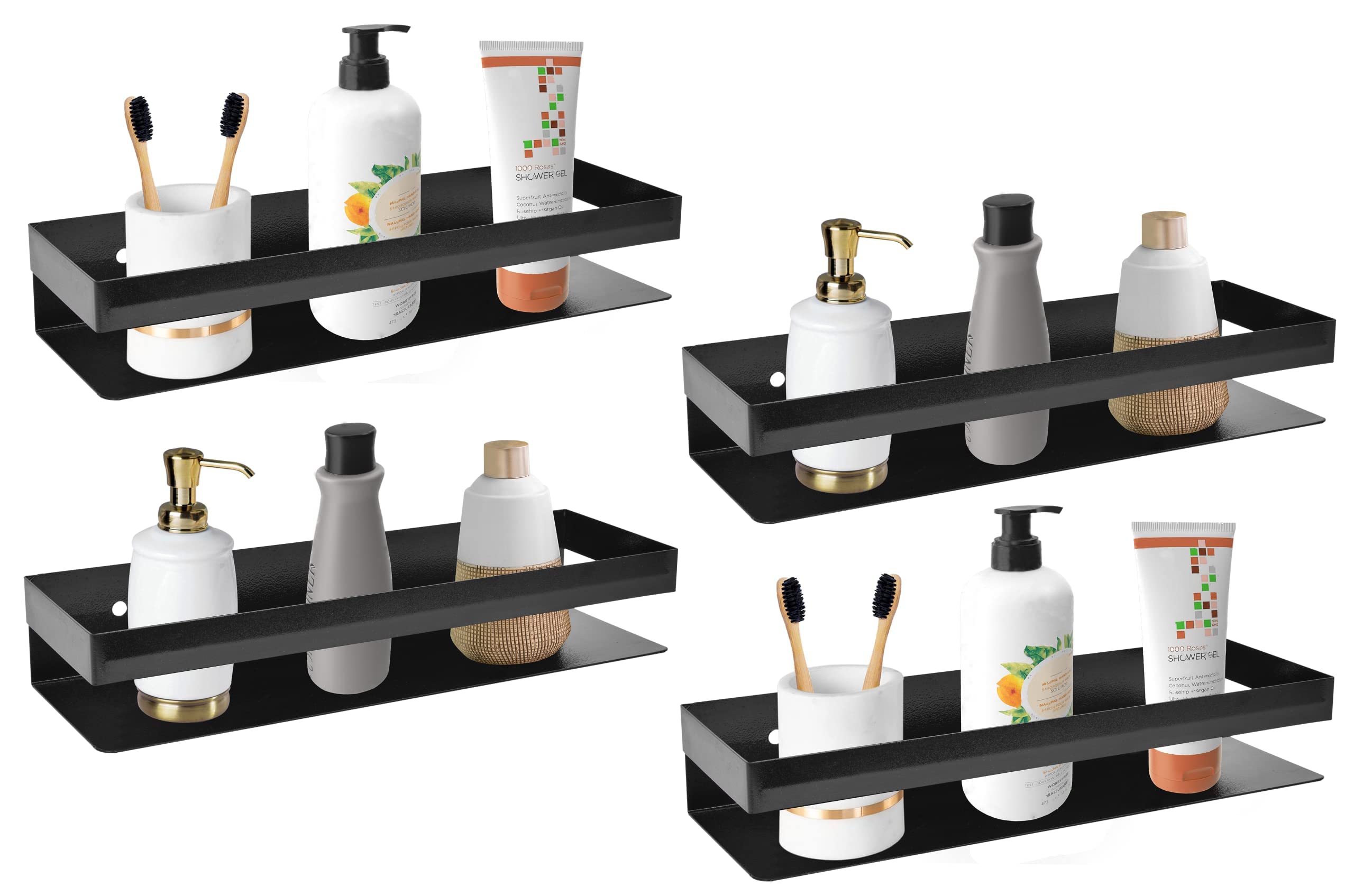 Plantex Bathroom Accessories Set/Metal Shelf for Bathroom Organiser/Kitchen/Living Room/Wall Mounted Shelf with Railings - 14x5 inches, Black (Pack of 4)