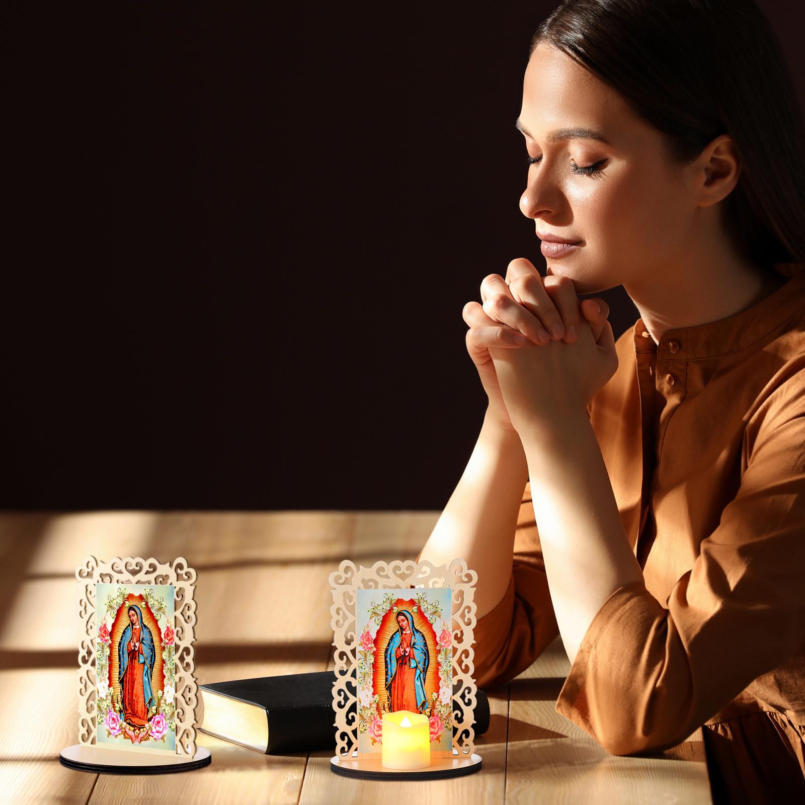 Soaoo Holzstatuen "Our Lady of Guadalupe", "Virgen De Guadalupe", Bilderrahmen, Taufgeschenke für Gäste, Taufaufaufaufen, Tafelaufsätze für Tisch, Erstkommunion, katholische Gastgeschenke, rechteckig