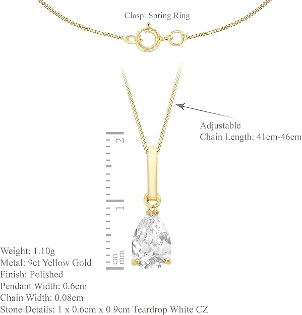 CARISSIMA Ciondolo A Goccia In Zircone Cubico 6x9 Mm – Oro Giallo 9 Carati Su Collana Curb 46 Cm – Gioiello Donna Eleganza Italiana