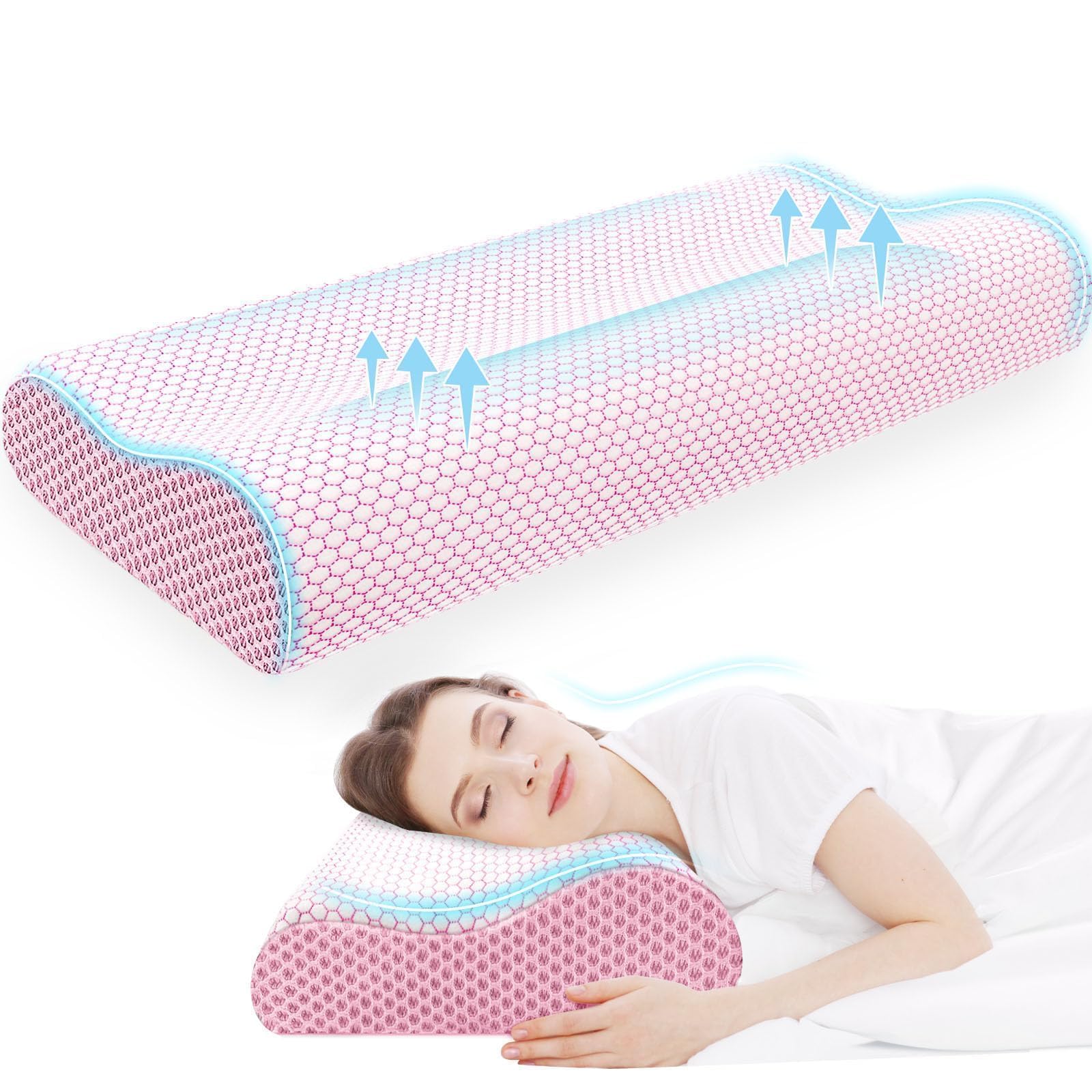 Neck Pillow for Sleeping, Ergonomic Cervical Bed Pillow, Pink King Size