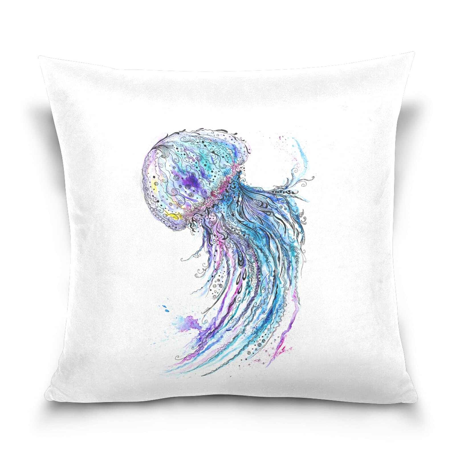 Poeticcity Jelly Fish Ethnic Style Turquoise Black Colorful Pattern Cotton Velvet Throw Pillow, Soft Breathable Bed Pillows, Pillowcase Sham Cushion Covers Twin Sides for Car Couch Bed 18x18 inches