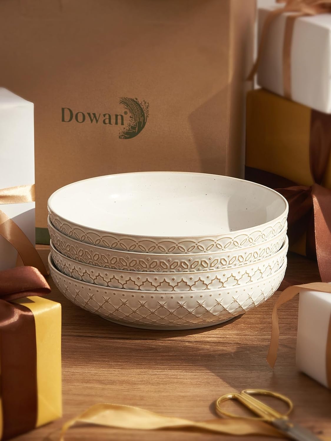 DOWAN 9.75" Pasta Bowls Set of 4 with Embossed Reactive Glaze, 56oz Large Shallow White Ceramic Salad Bowls, Wide Dinner Bowls for Pasta, Soup & Stew, Microwave & Dishwasher Safe, Housewarming Gift