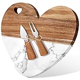 Patelai Valentine Heart Shaped Marble Charcuterie Cutting Serving Board for Women 12'' Wood and Marble Cheese Board with Cheese Utensils for Valentine's Day Wedding Anniversary Housewarming Gifts