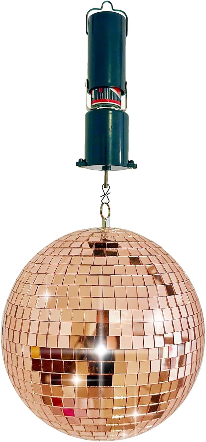 8" Disco Ball Kit with DC Battery Motor & Hanging Ring – Rotating Rose Gold Real Glass Mirror Disco Ball for Home Party, DJ Stage, Bar, Wedding, Holiday, Dance Floor Lighting Decor