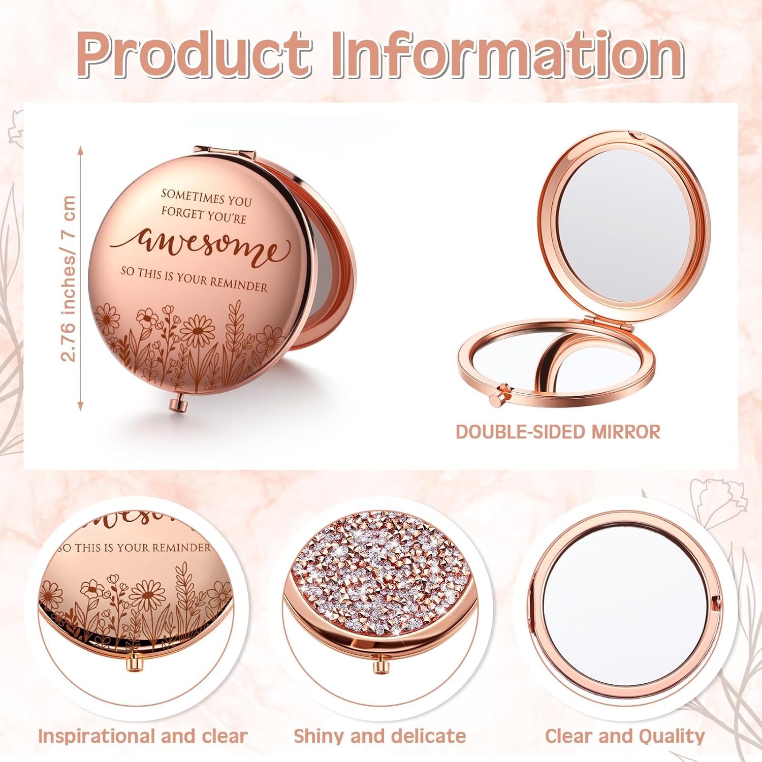 10 Sets Womens History Month Gift Bulk Inspirational Compact Mirror Makeup Rhinestone Purse Double Sided Folding Mirror with Gift Cards for International Women's Day Girls