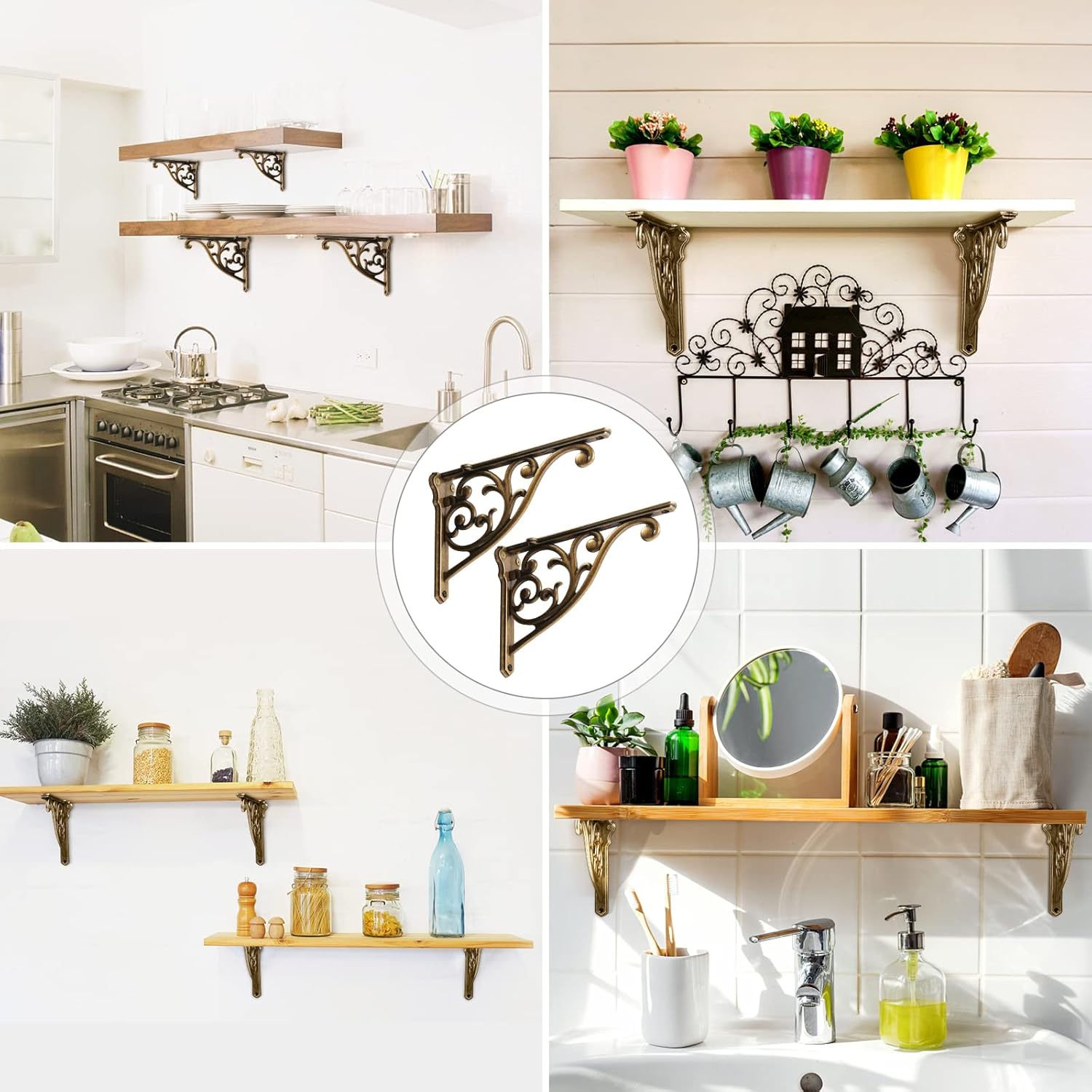 Khtumeware Ornate Decorative Shelf Brackets, 5-inch Small wall Mounted Shelving Bracket, 4 Pack Antique Brass Vintage Metal Shelf Bracket Victorian wall Bracket (4, Antique Brass)