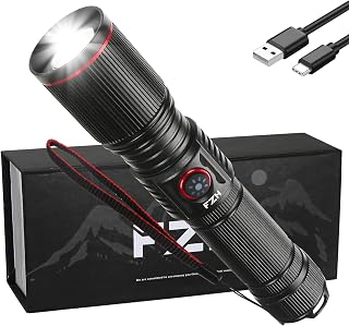 FZH Rechargeable Flashlight High Lumen Super Bright LED Powerful Handheld Tactical Torch 5 Modes，Infinitely Dimmable，Zoom, Waterproof with USB Cable for Outdoor Camping, Hiking