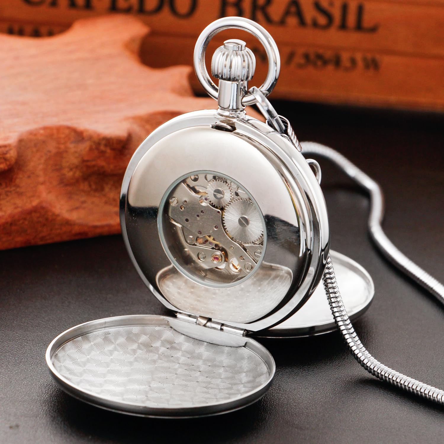 Reloj de bolsillo mecánico para hombre con cadena, estilo vintage, de cobre completo, cuerda manual de segundos y 24 horas, subesferas para hombre con caja, MW155-plata