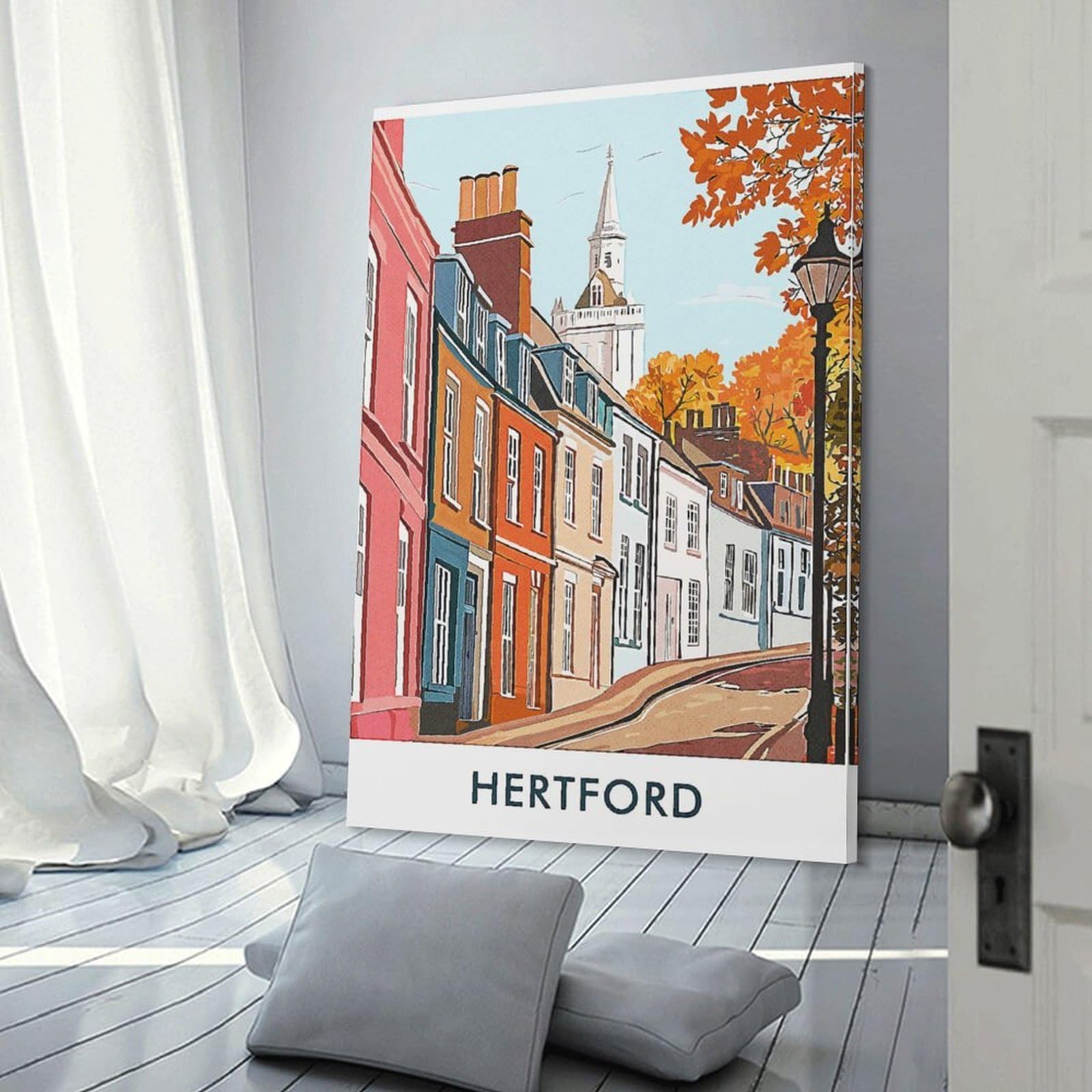 Junmoney Canvas Wall Picture Hertford Town Illustration, 20x30inch(50x75cm), for Office, Study Or Home Workspace, Canvas Wall Decor for Creative Rooms
