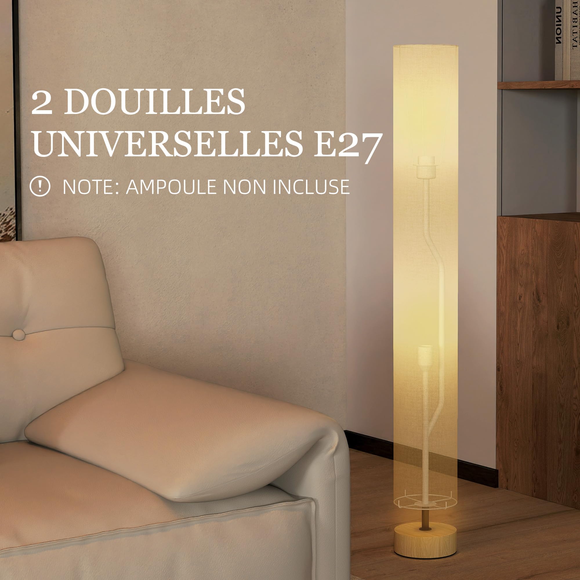 HOMCOM Stehlampe Wohnzimmer, Schlafzimmer, Büro, 120 cm, grau: Lampenschirm aus zeitgenössischem Leinen mit Fußschalter, 2 x Fassung E27