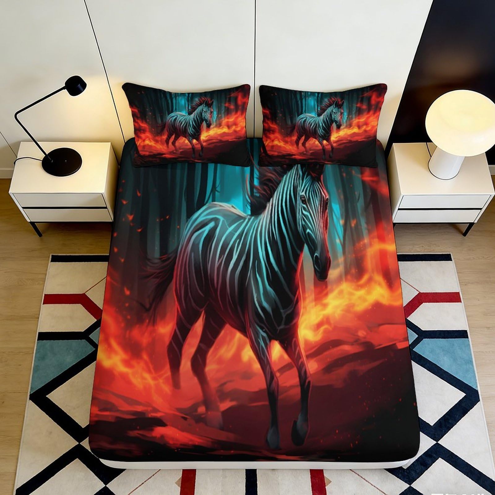 3D Printed Fiery Forest Horse Fitted Sheet Microfiber Soft Breathable Wild Stallion Mattress Cover for Bedroom Dorm Decor 90x200x25cm