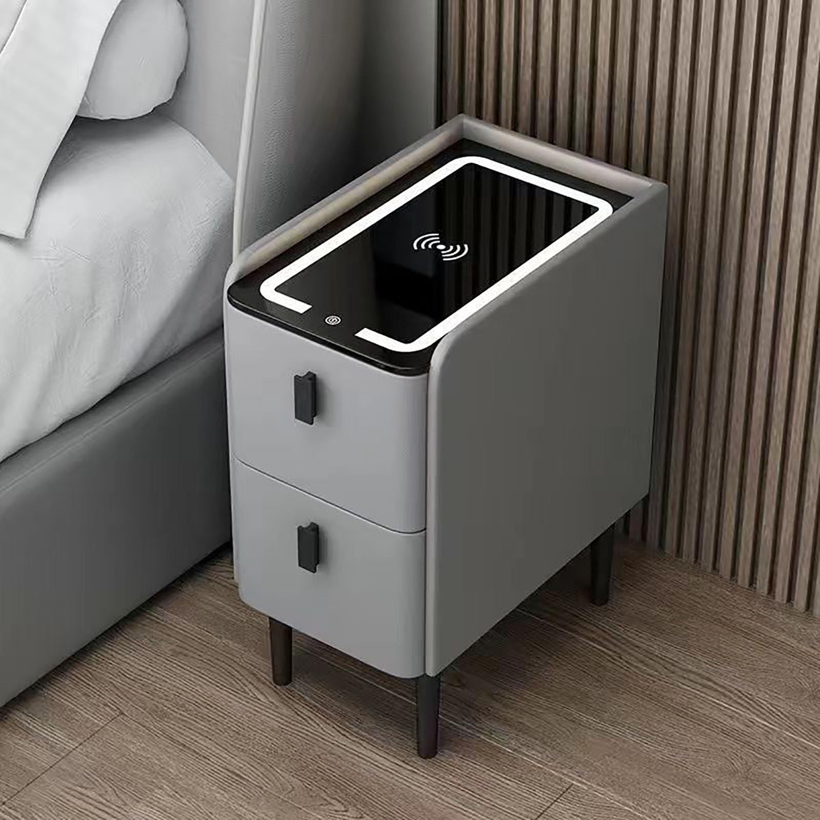 Inteligentny stolik nocny LED ze stacją ładującą i dźwiękiem Bluetooth, wielofunkcyjny drewniany stolik nocny z dwiema szufladami