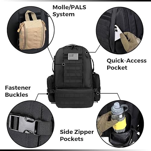 Miniatura 9 de DBTAC Mochila táctica de 50 L, grande, clásica, militar, paquete de asalto, bolsa Molle para senderismo al aire libre, viajes, trabajo, Camo Negro,