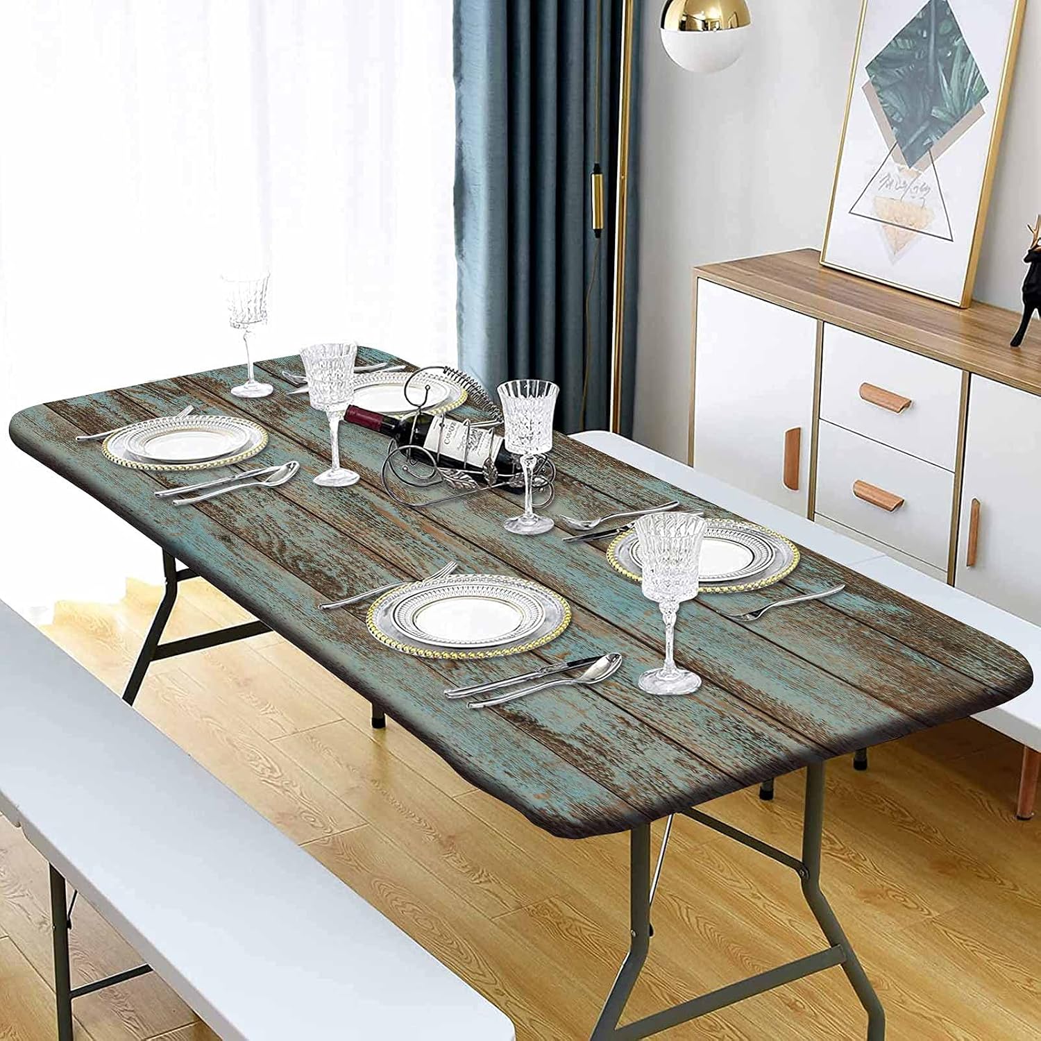 Wood Grain Fitted Tablecloth, Aged Wood Grain Blue Background Rectangle Table Cover, Washable Picnic Table Cover Indoor Outdoor Elastic Tablecloth 30 x 72 inch