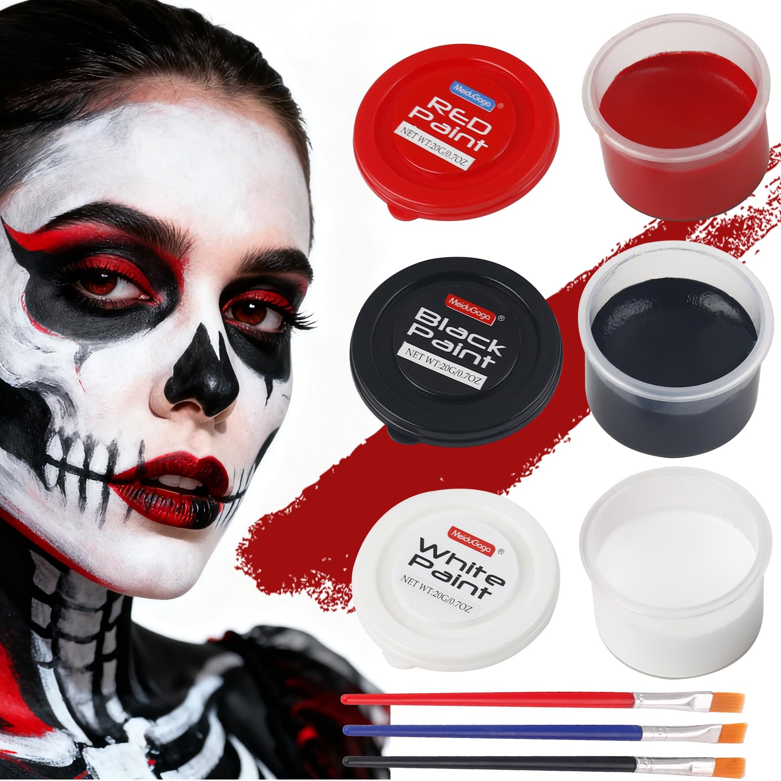 3 Color water-based Face Body Paint Set （Black + White + Red )with Brushes Kits Non-Toxic Easy Washable ,for Adults Halloweens Partys Cosplays Joker Zombie Vampire SFX Art Stage Makeup Adults